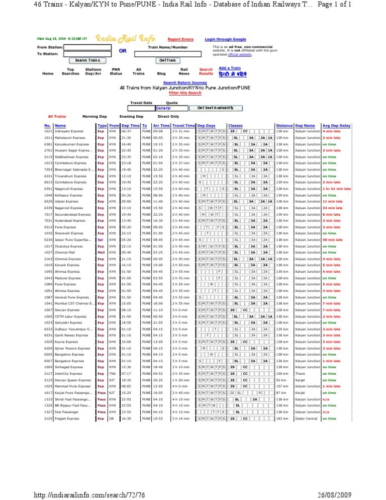 Kalyan to Pune Train Time Table Public Transport Rolling Stock