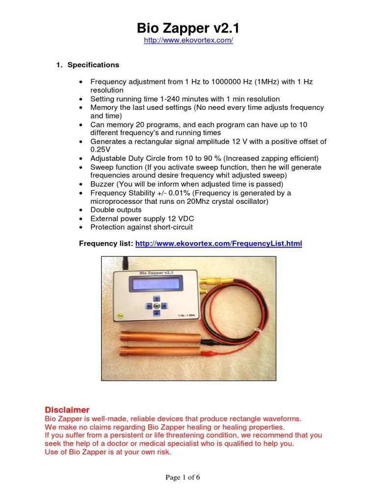 User Manual for the Bio Zapper v2.1 Instructions for Frequency