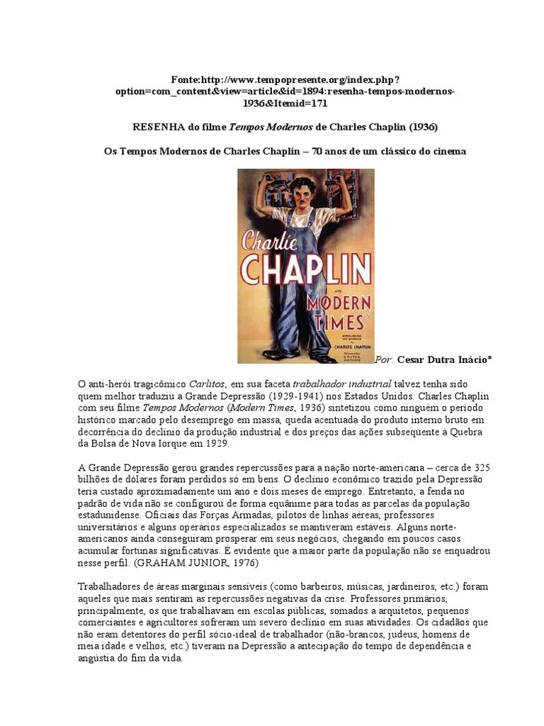 RESENHA Do Filme Tempos Modernos de Charles Chaplin Grande Depressão