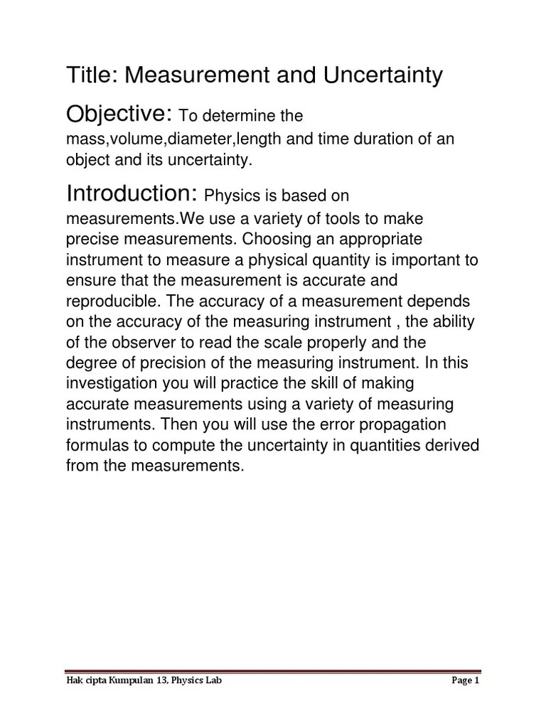 Lab Report Physics ( Measurement and Uncertainty ) Uncertainty