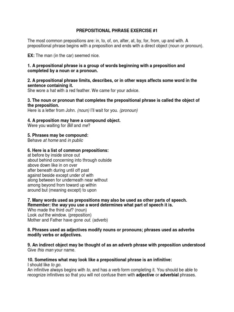Prepositional Phrase Exercise 1 Preposition And Postposition Adverb