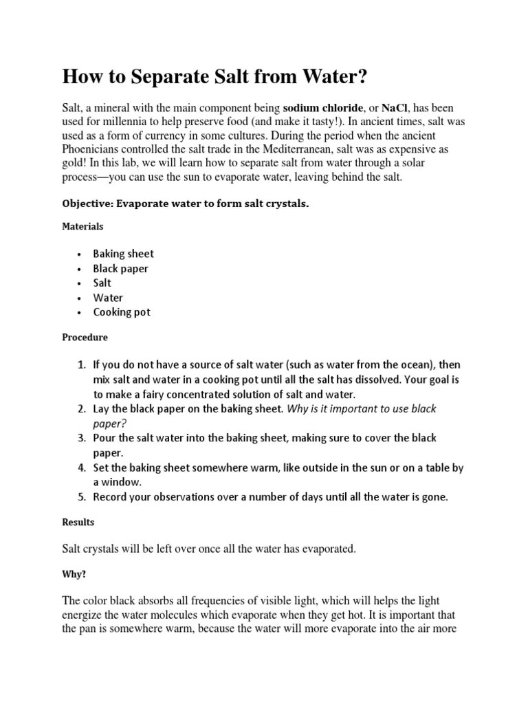 How To Separate Salt From Water Download Free PDF Sodium Chloride Evaporation