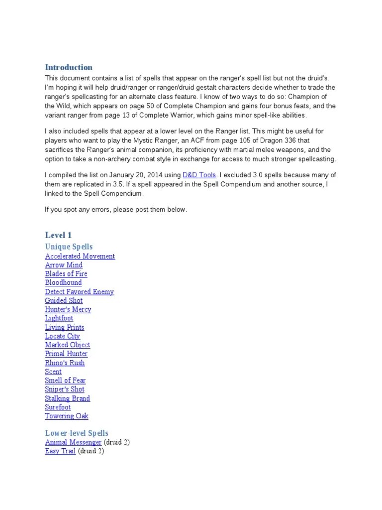 List of Unique Ranger Spells PDF Tsr, Inc. Tsr Games