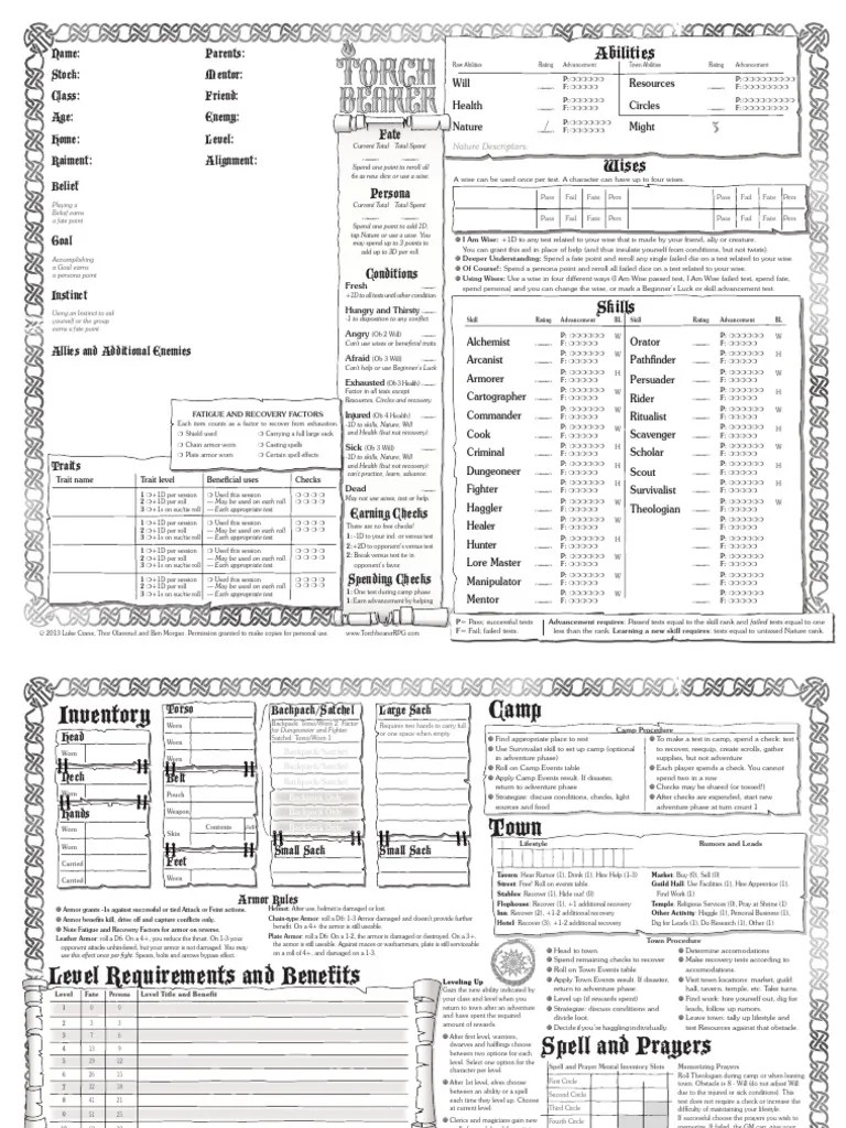 Torchbearer Character Sheet PDF Armour Leisure