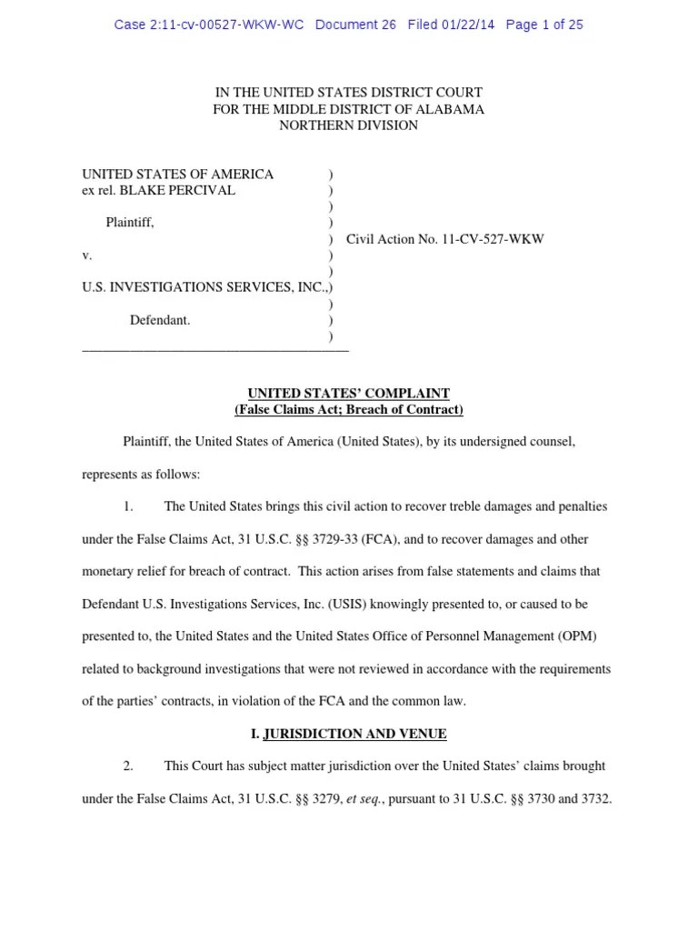 United States Complaint Against U.S. Investigations Services, Inc