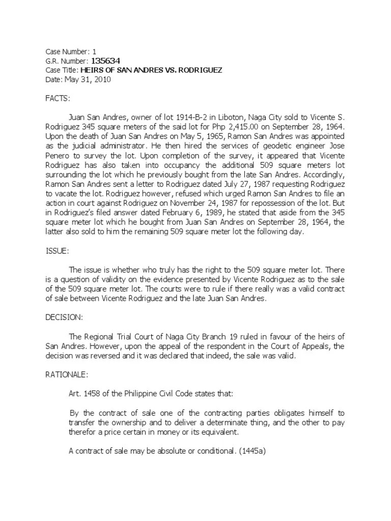 Case Number 1 G.R. Number Case Title Heirs of San Andres vs
