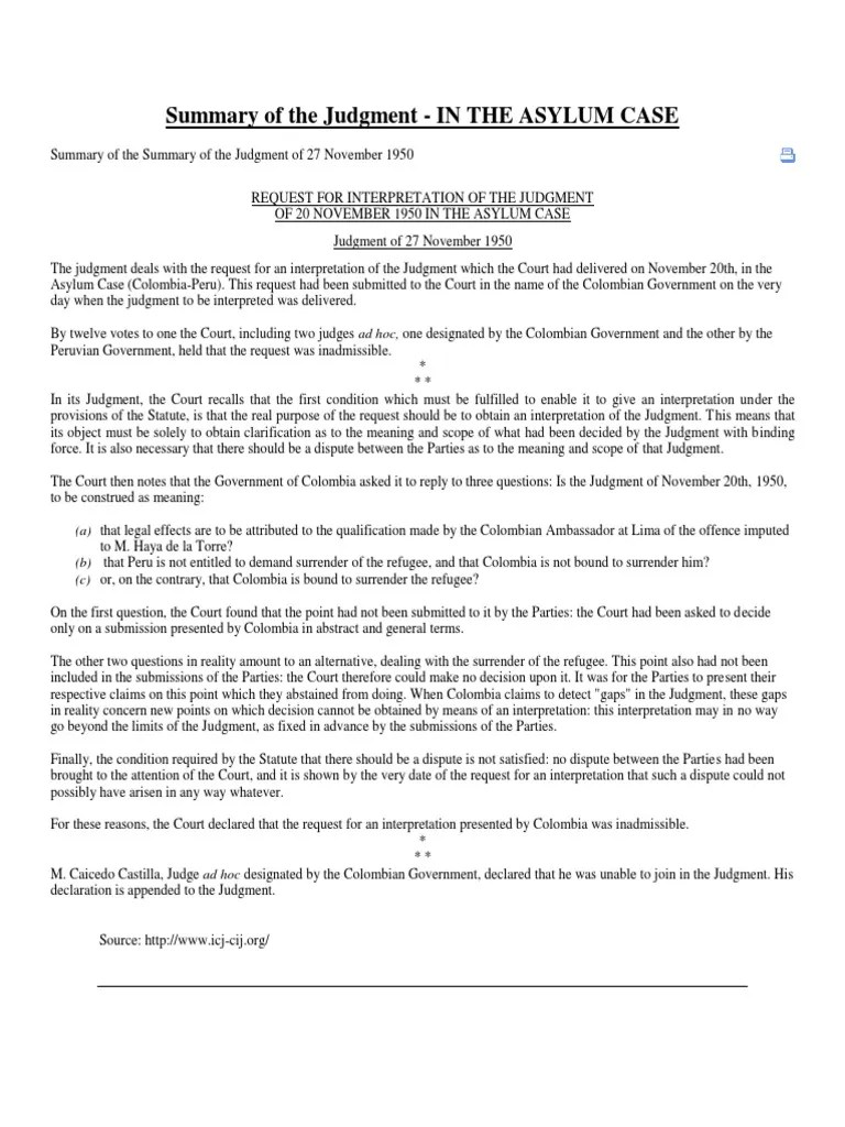Summary of The Judgment in The ASYLUM CASES PDF Right Of Asylum