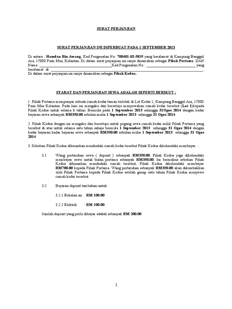 Surat Perjanjian Sewa Kedai