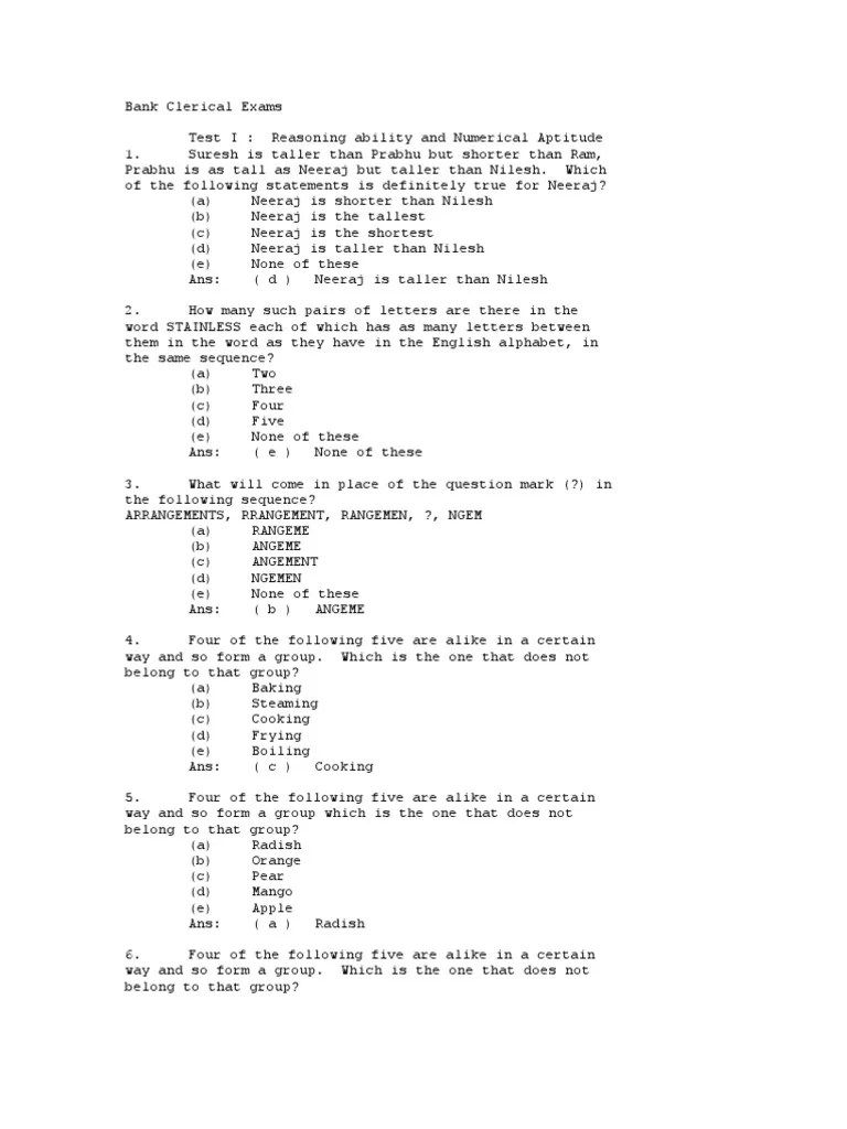 Bank Clerical Exams Test I: Reasoning Ability and Numerical | PDF