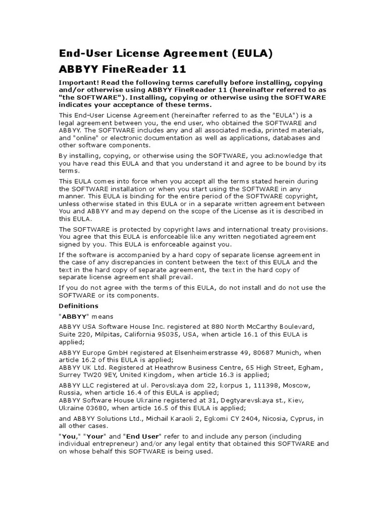 EndUser License Agreement (Eula) Abbyy Finereader 11 License Business Law