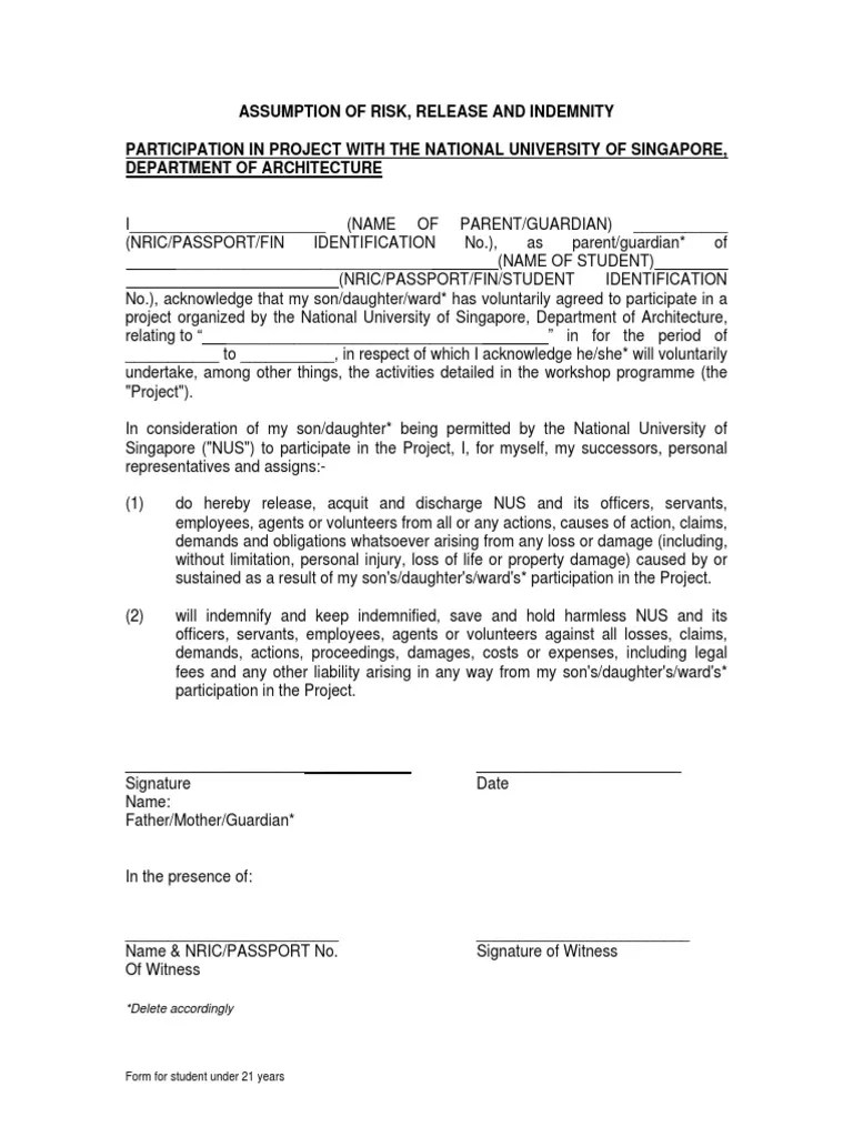 Release of Liability Form Indemnity Government Information