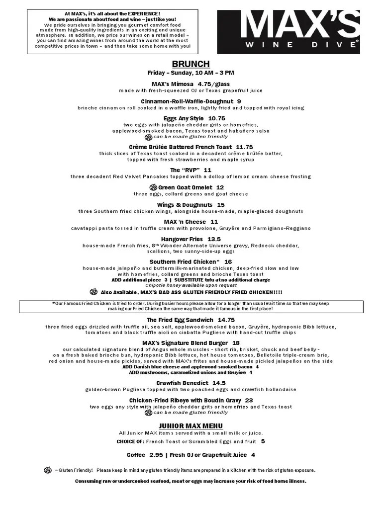 Max's Wine Dive (Fairview) Brunch Menu PDF French Fries Doughnut
