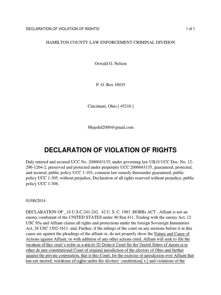 Declaration of Violation of Rights PDF Uniform Commercial Code