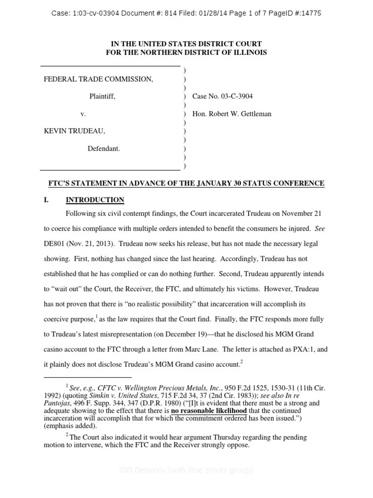Trudeau Civil Case Document 814 0 and 1 FTC Statement in Advance of The Jan 30 Status Conference