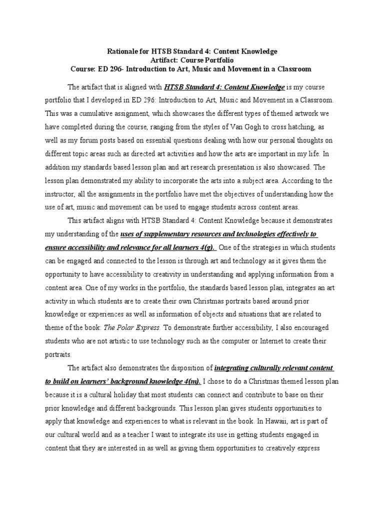 Rationale for HTSB Standard 4 Content Knowledge Artifact Course