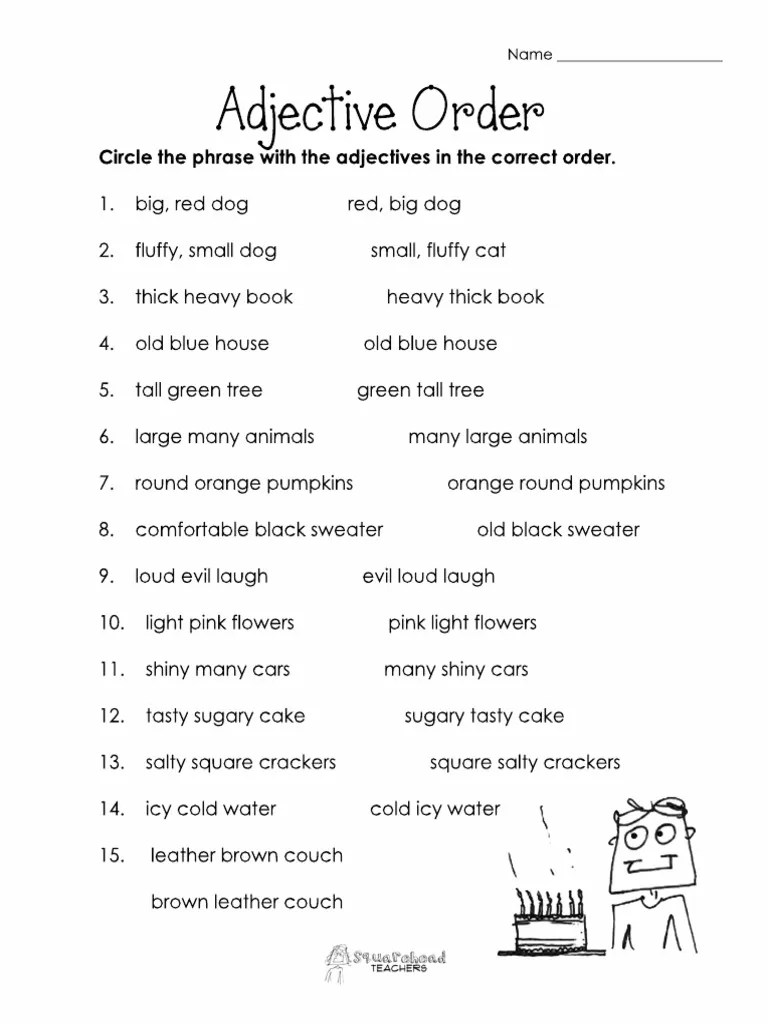 Adjective Order Worksheet PDF