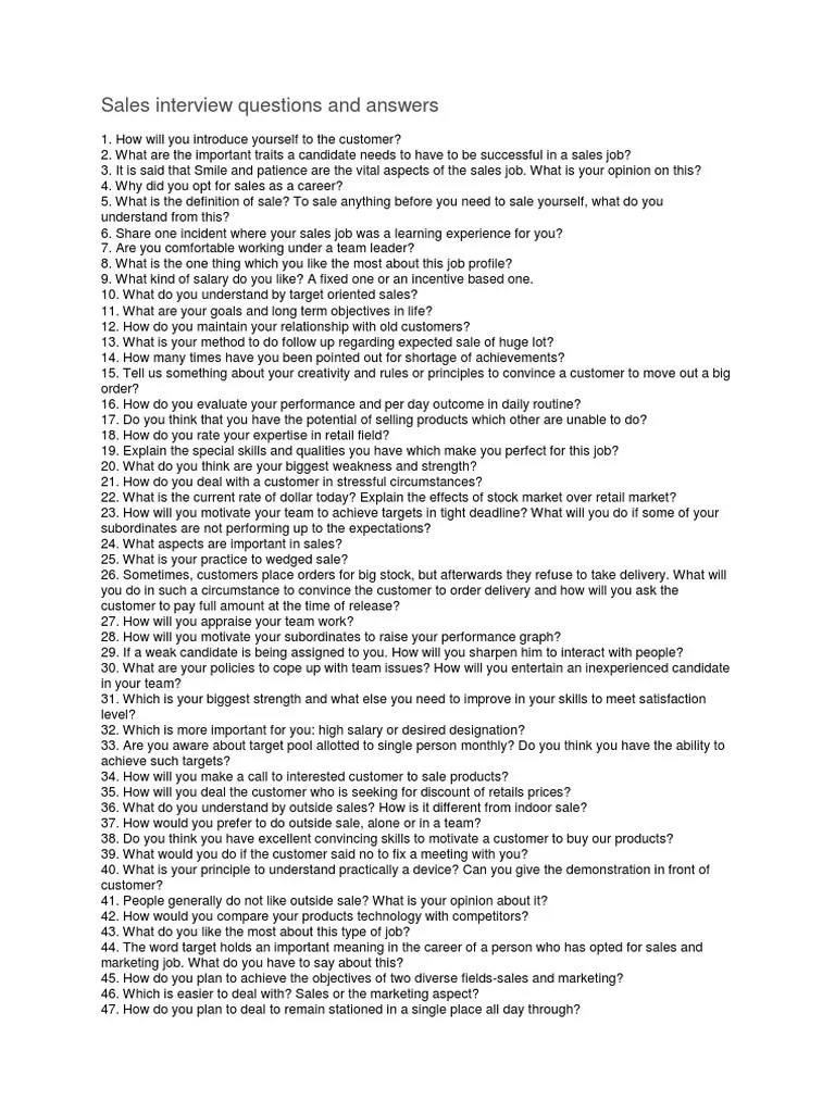 Sales Interview Questions and Answers PDF Retail Creativity