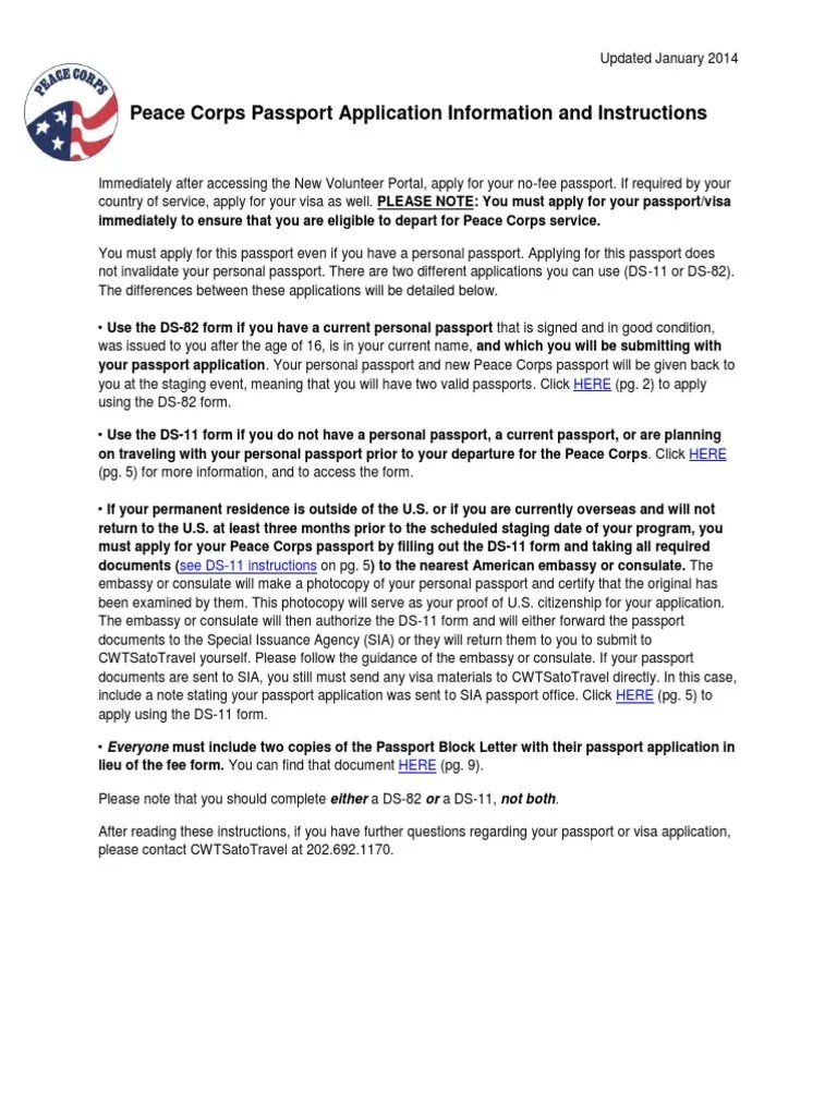 Peace Corps Passport Instructions and Application Information 2014 DS