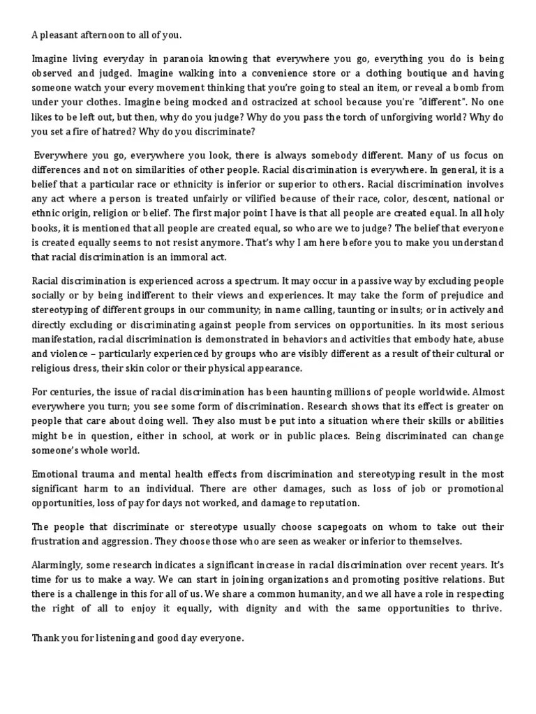 Persuasive Speech on Racism Discrimination