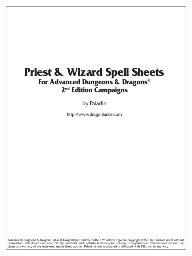 Spell Sheet for AD&D 2e | Dungeons & Dragons | Media Franchises