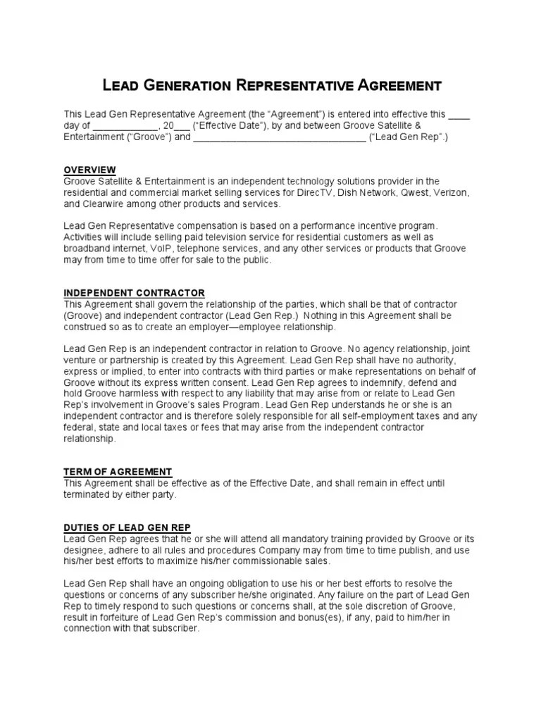 2009 Lead Generation Rep Agreement Independent Contractor Direc Tv