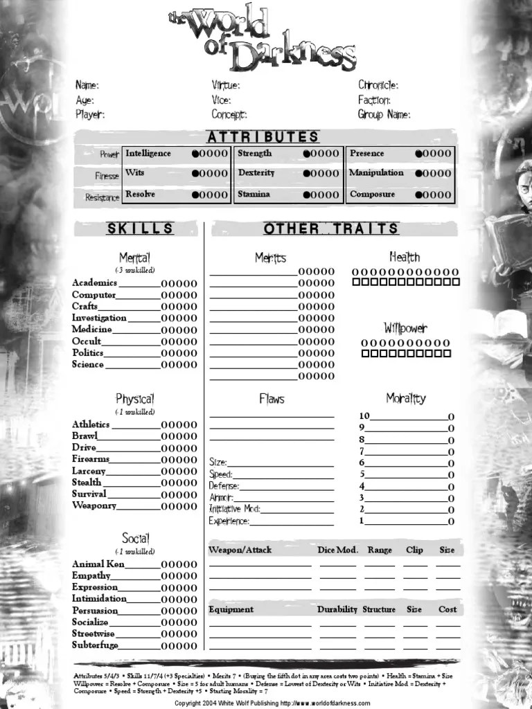 New World of Darkness Character Sheet 1 page interactive