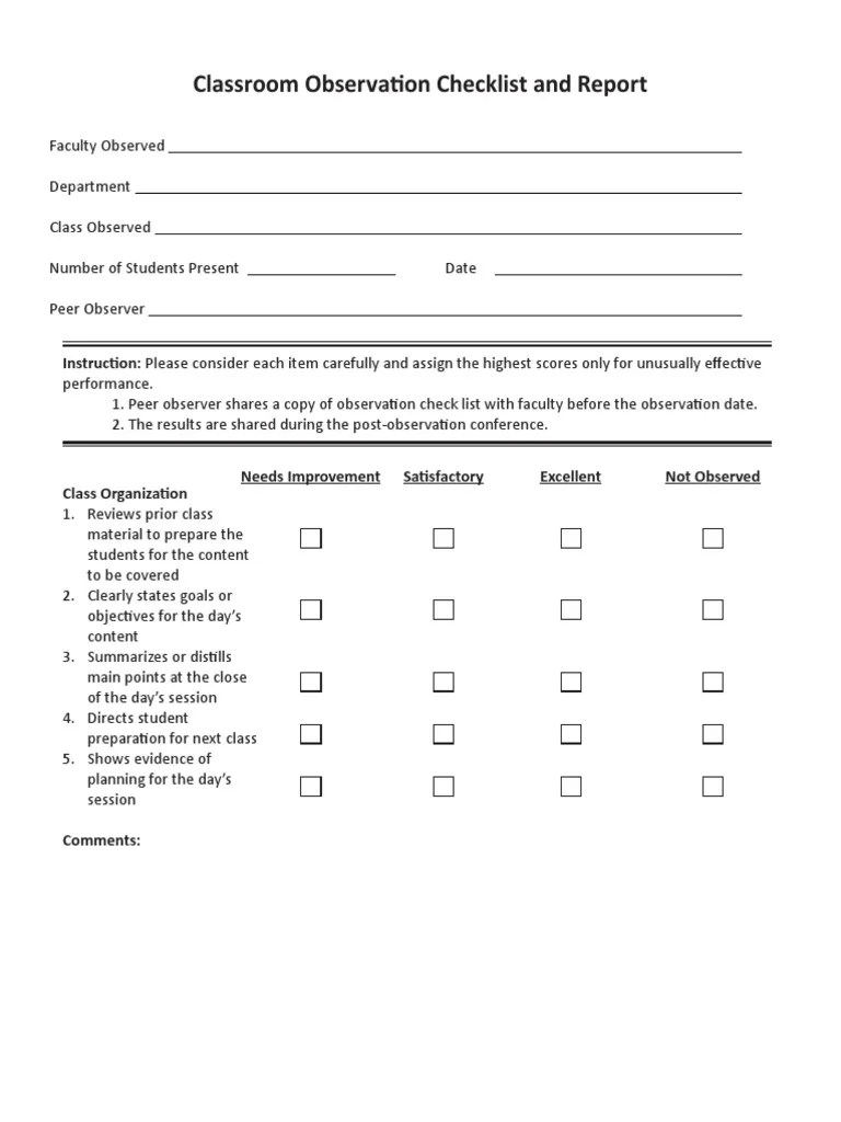 Classroom Observation Checklist and Report Classroom Educational