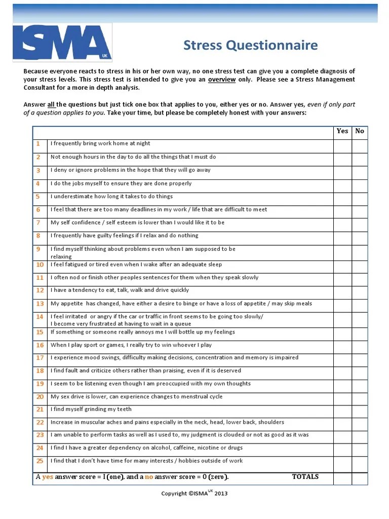 Stress Questionnaire PDF Stress Management Stress (Biology)