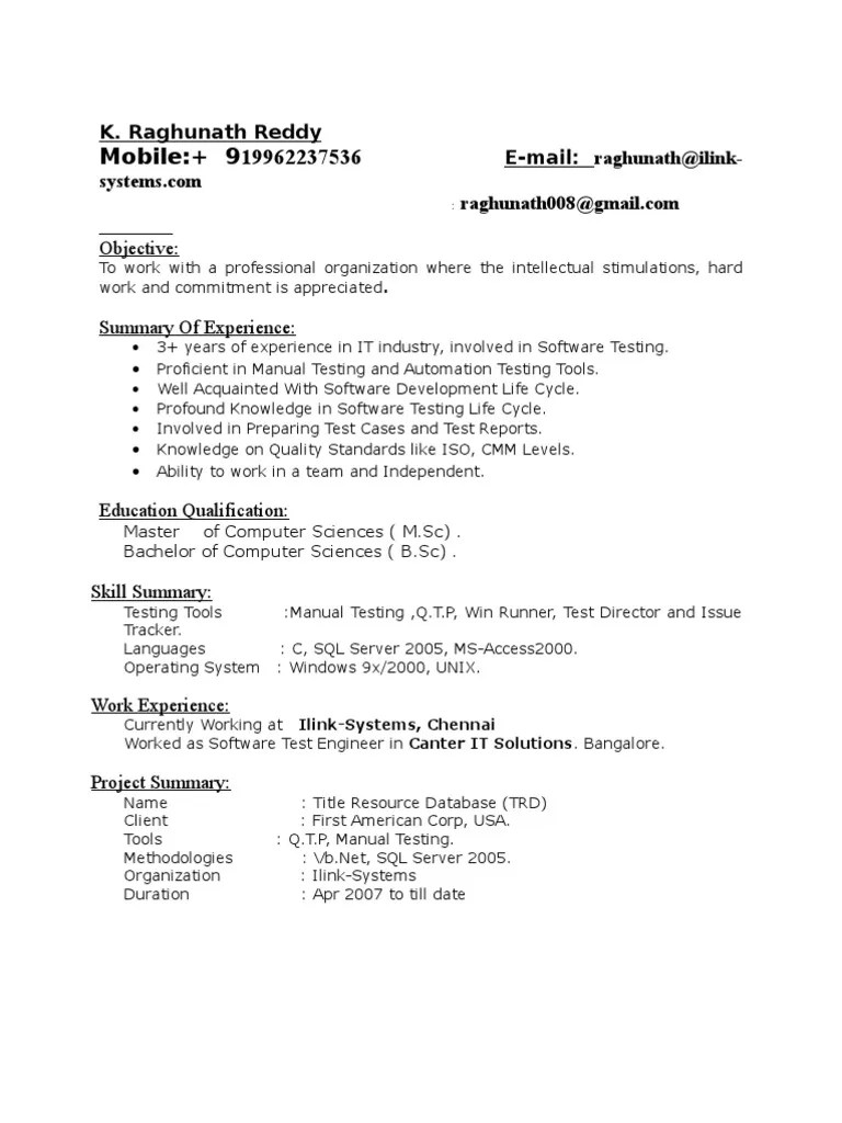 Software testing resume summary