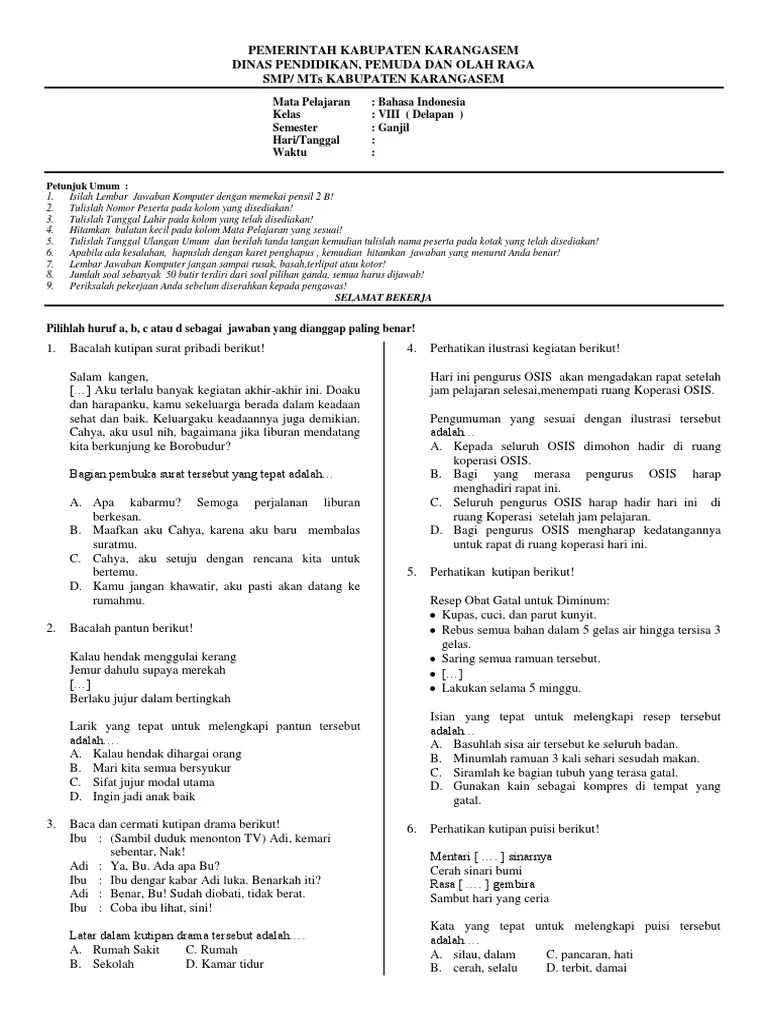 Contoh Soal Uas Bahasa Indonesia Kelas 8 Semester 1 K13