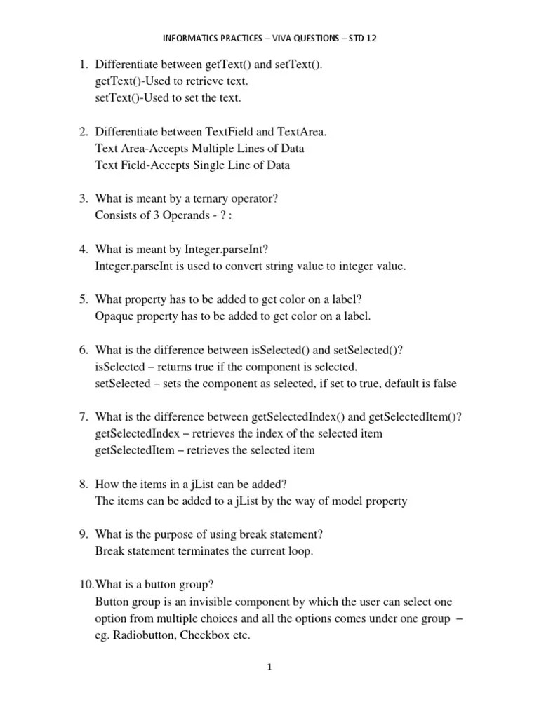 127 STD 12 Viva Question Answers Method Programming