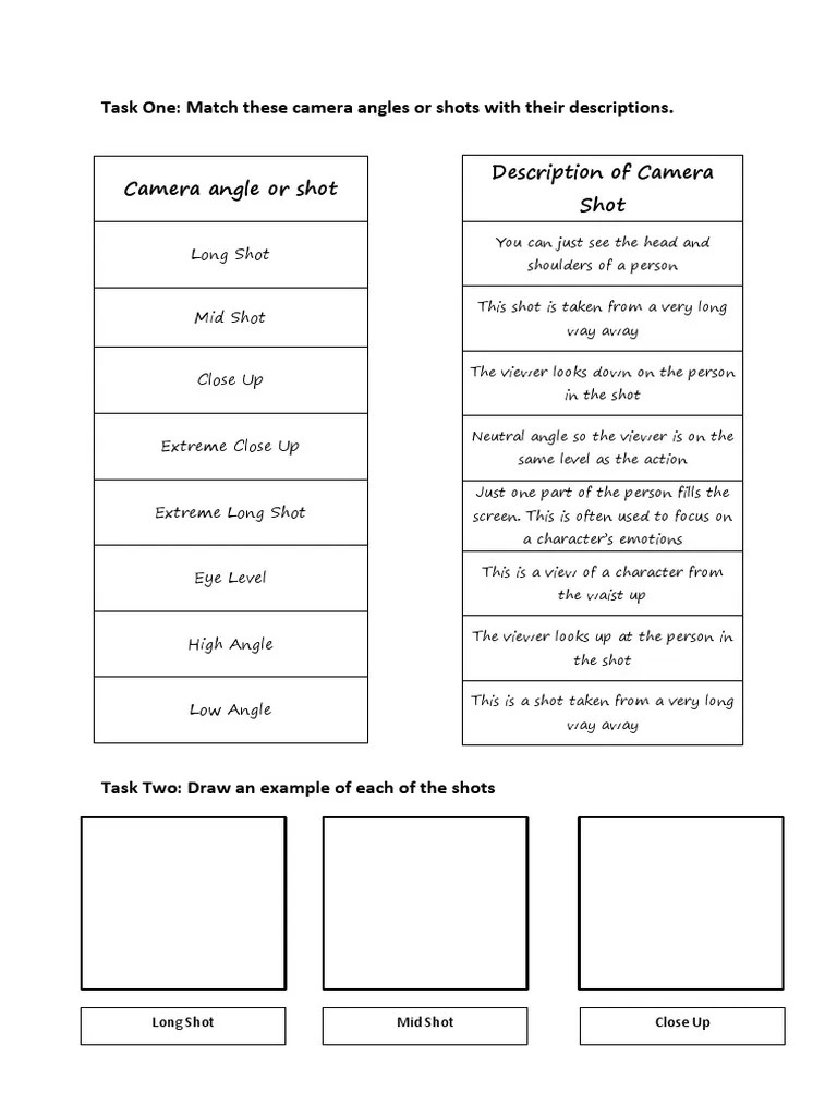 Camera Angle or Shot Worksheet Video