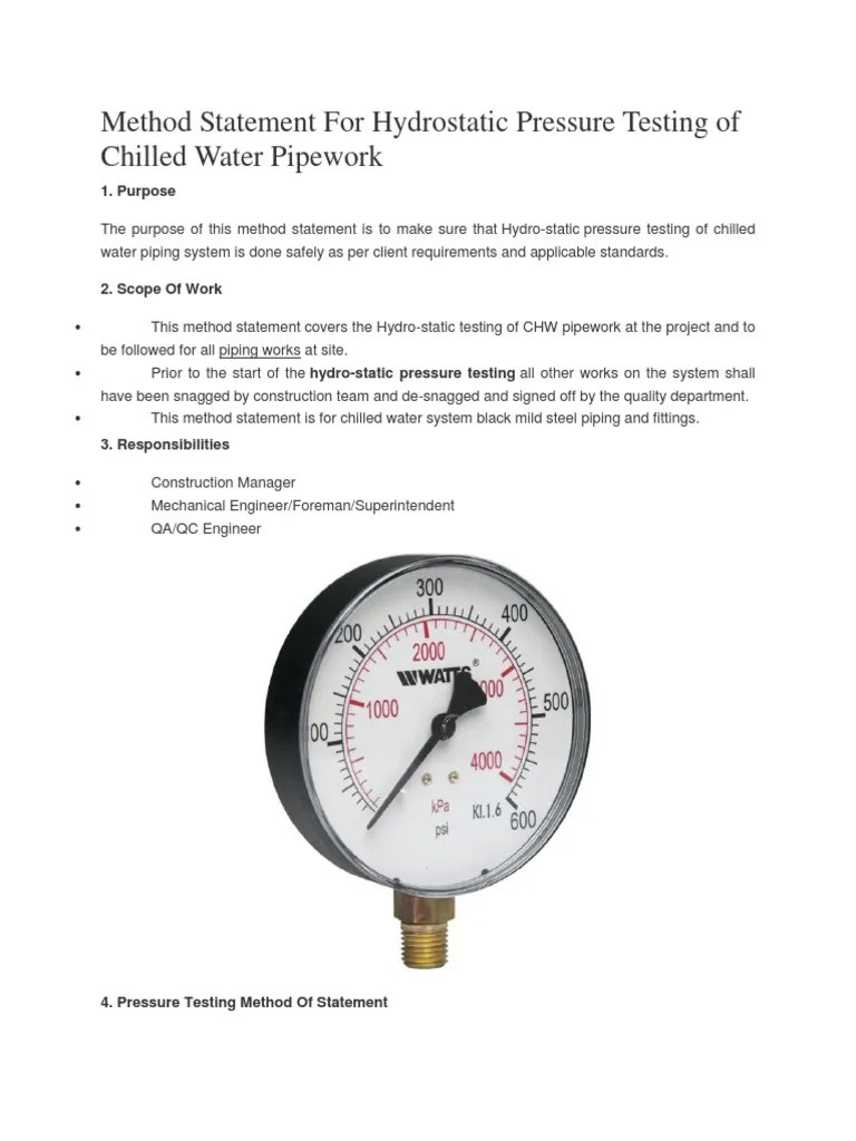 Method Statement for Hydrostatic Pressure Testing of Chilled Water
