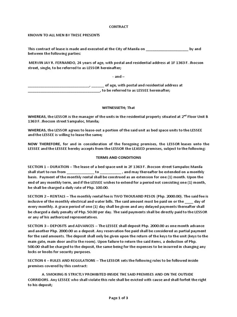 Bedspace Contract Lease Social Institutions