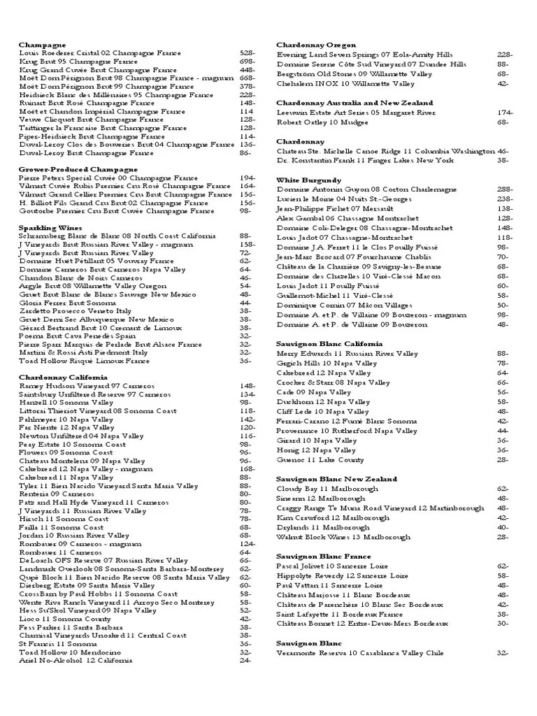 4 Olives Restaurant and Wine Bar Wine List Viticulture Grape Varieties