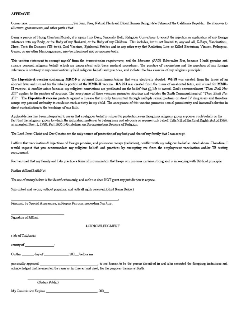 Vaccine exemption AFFIDAVIT for California Adult (College Student Under