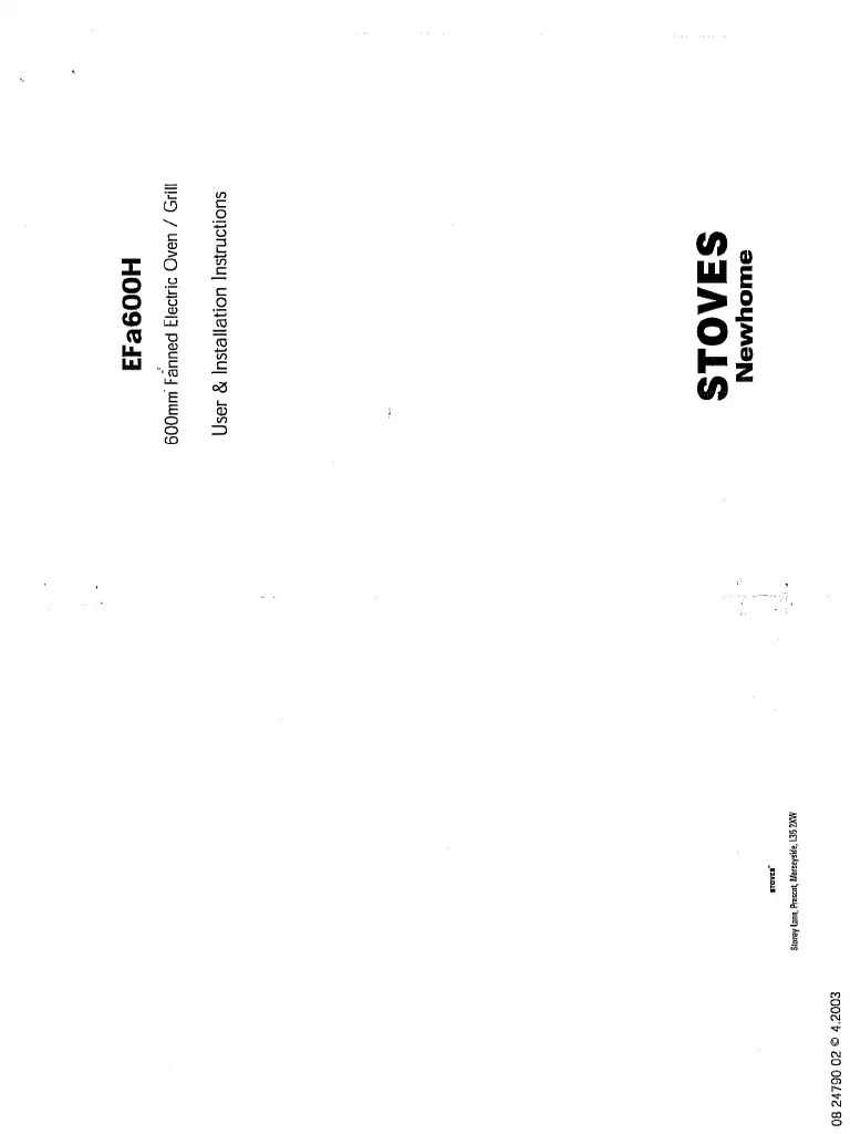 Stoves New Home EFa600H 600mm Electric Oven PDF