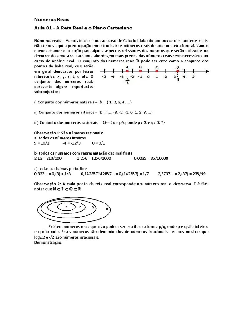 Números Reais aula 01 A Reta Real e o Plano Cartesiano
