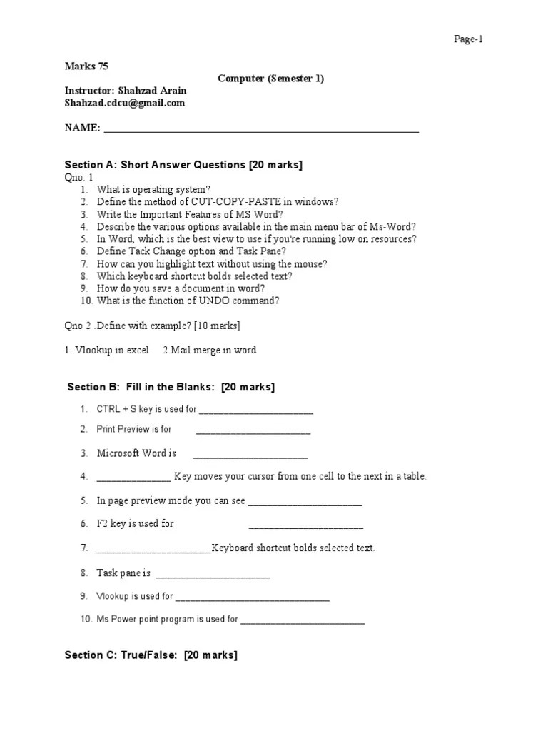 Updated Final Computer Exam Paper Questions