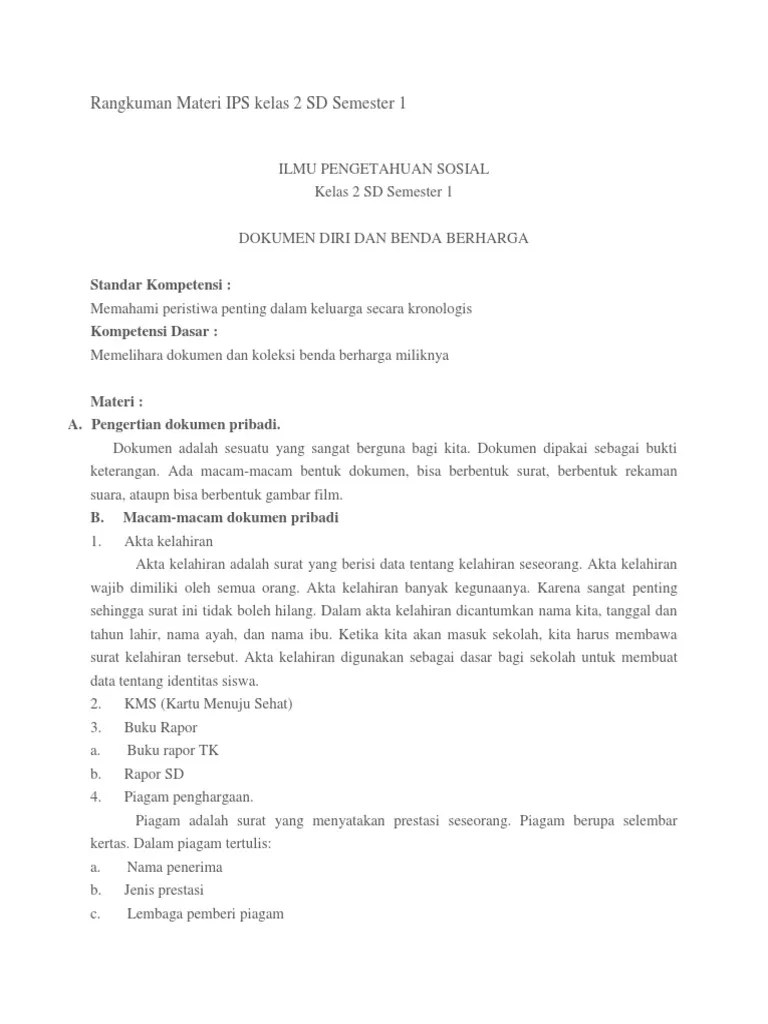 Rangkuman Materi IPS Kelas 2 SD Semester 1