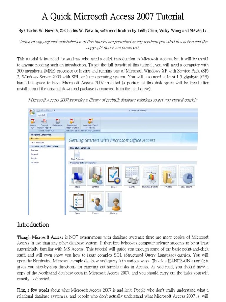 A Quick Microsoft Access 2007 Tutorial Microsoft Access Sql Free