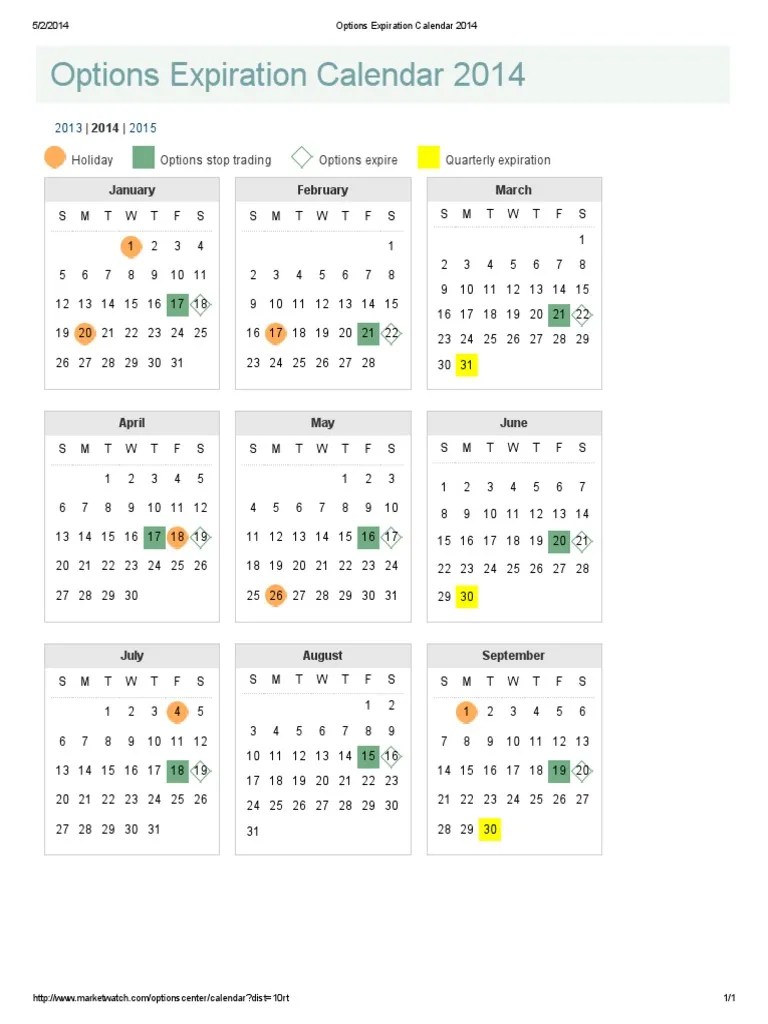 Options Expiration Calendar 2014