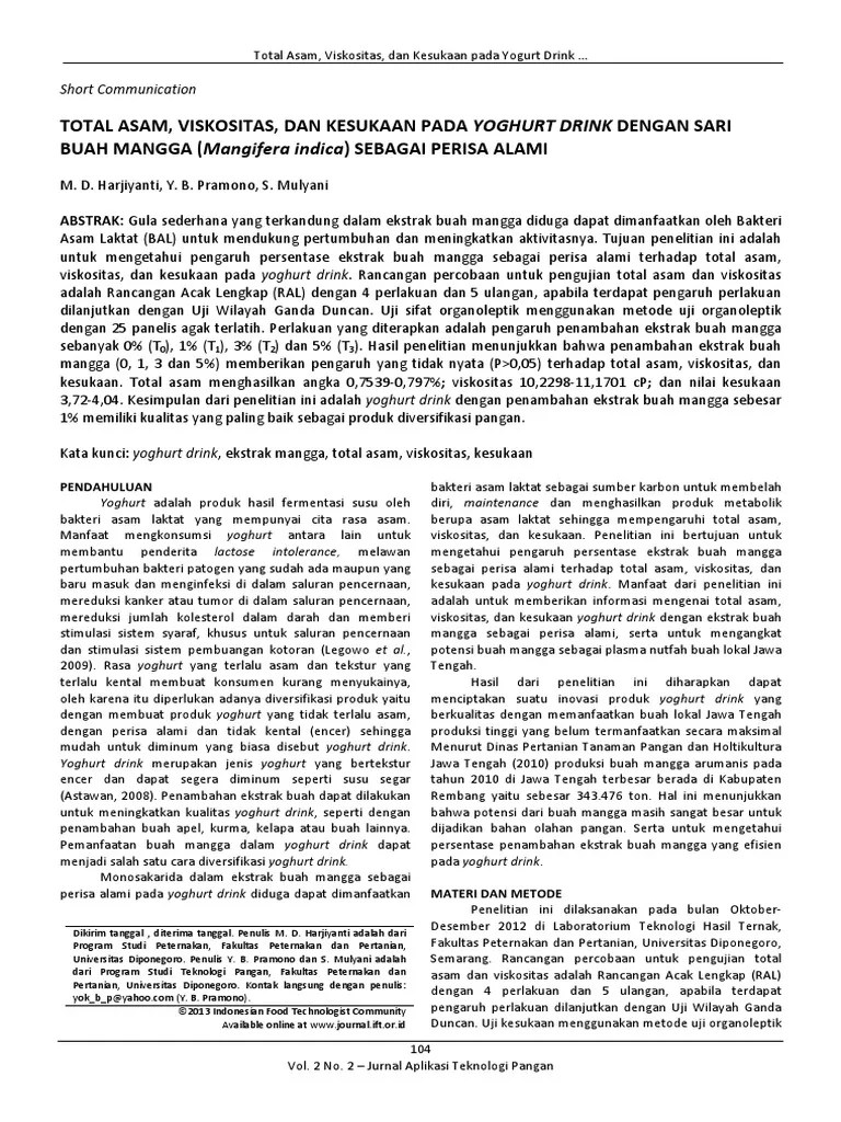 22104107 Total Asam, Viskositas, Dan Kesukaan Pada Yoghurt Drink Dengan Sari Buah Mangga