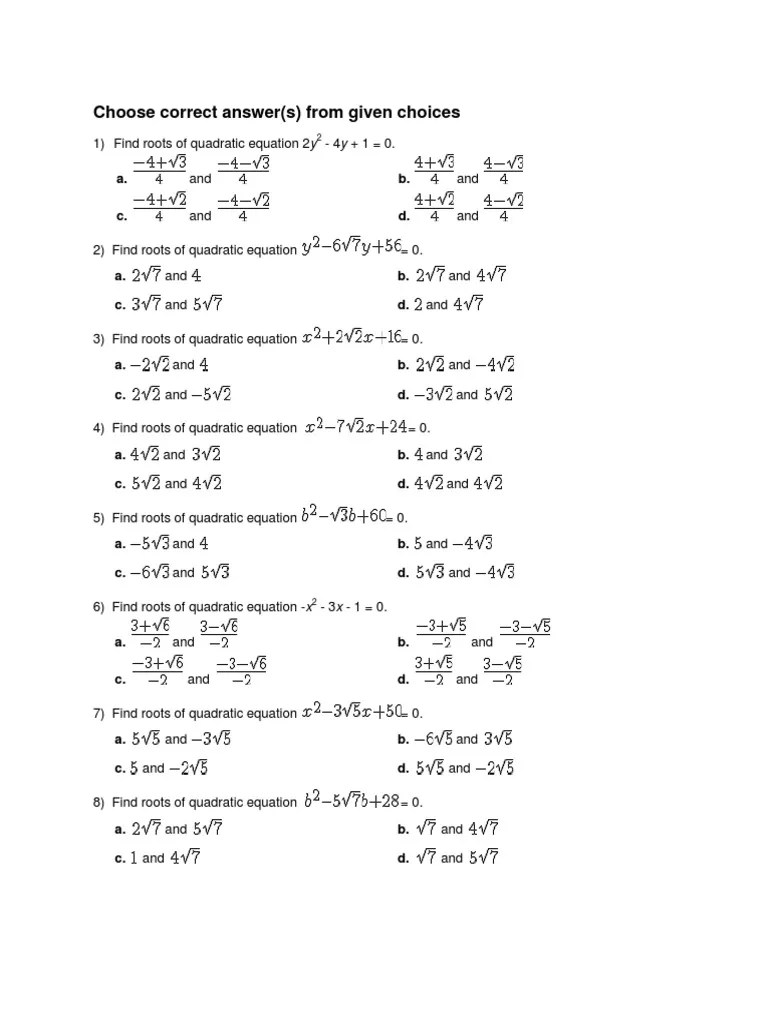 Grade 9 Quadratic Equations Worksheet