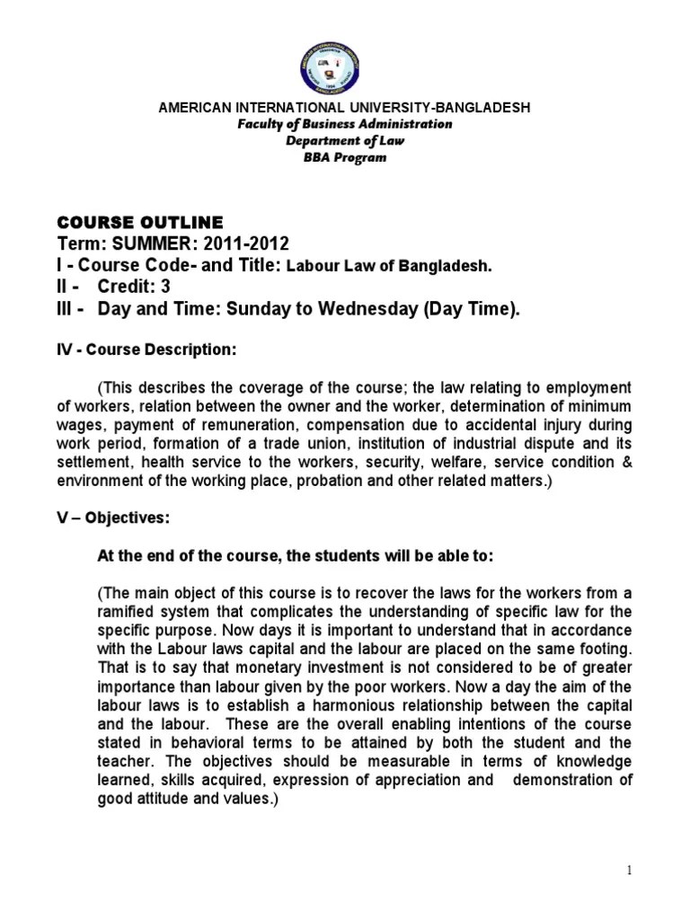 Course Outline of Labour Law. Labour Economics Labour Law