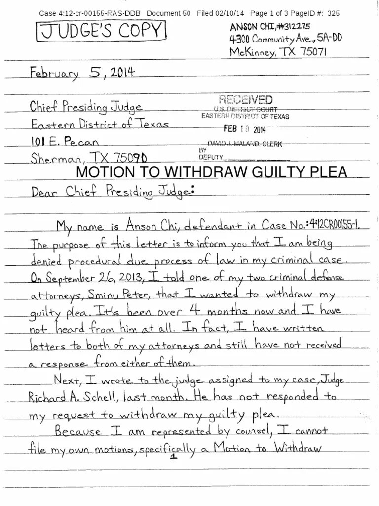 Motion to withdraw guilty plea filed by Anson Chi