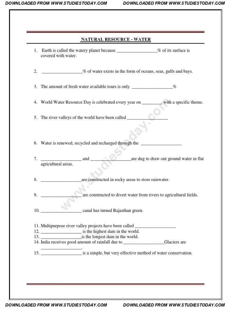 Cbse Class 8 Sst Worksheet Natural Resource Water Soil River