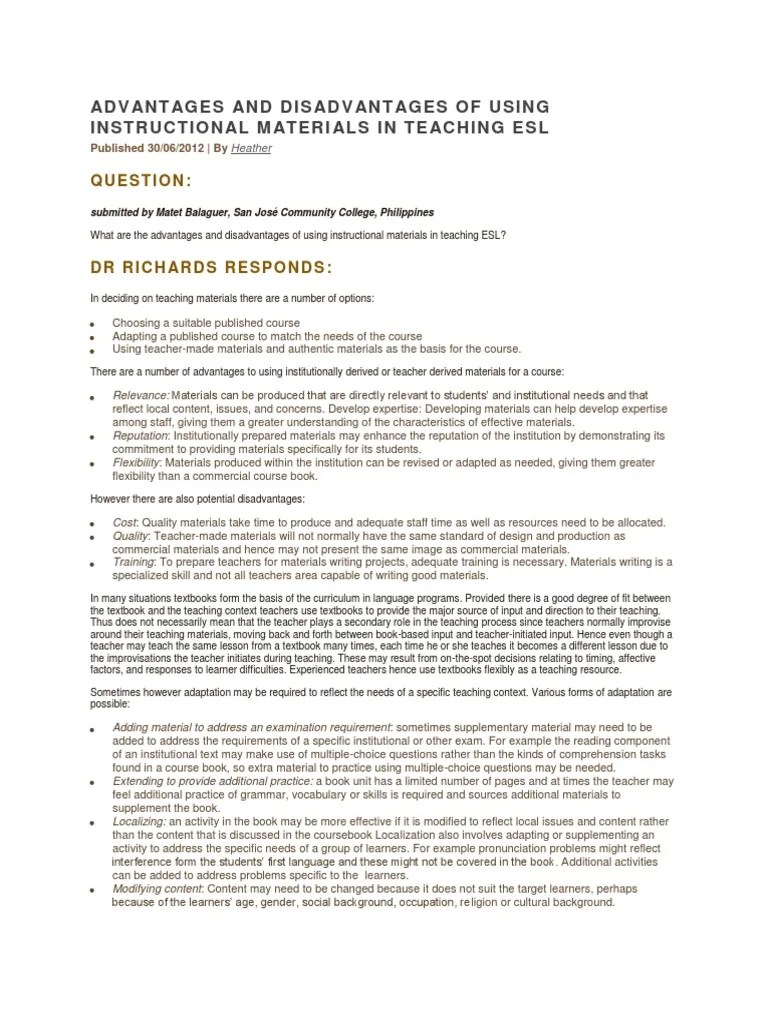 Advantages and Disadvantages of Using Instructional Materials in