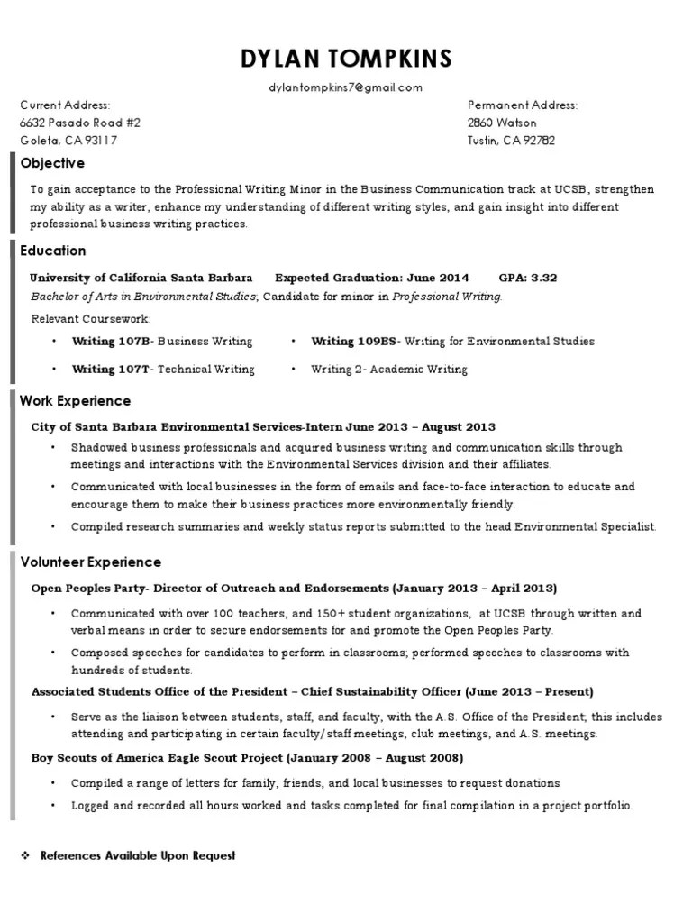 Writing Minor Resume PDF
