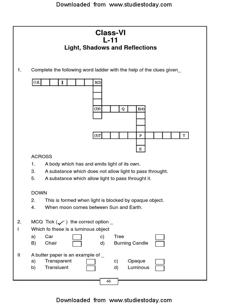 CBSE Class 6 Light, Shadows and Reflections Worksheet